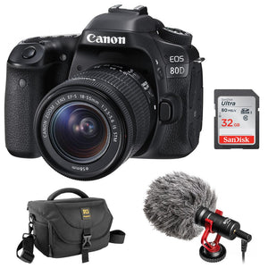 Canon EOS 80D DSLR Camera with Boya BY-MM1 Shotgun Video Microphone, 32GB SDHC Memory Card & DSLR Shoulder Bag Bundle