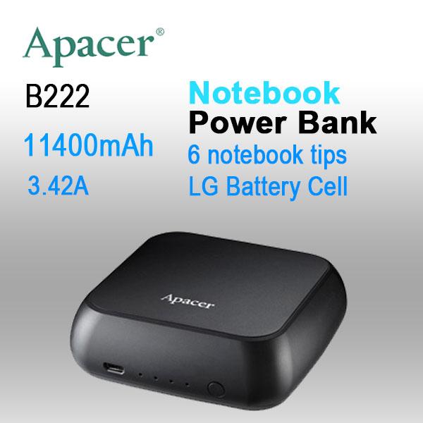 APACER mini NOTEBOOK POWER BANK B222 11400mAh with 6 tips,2x Fast USB Charger for Smart phone, Tablet etc.