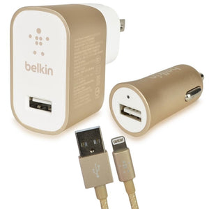 Belkin MIXIT Home + Car Charge Kit (Lightning) - Kit w/ 12W USB Home Charger, 12W USB Car Charger (Gold) - UL Listed