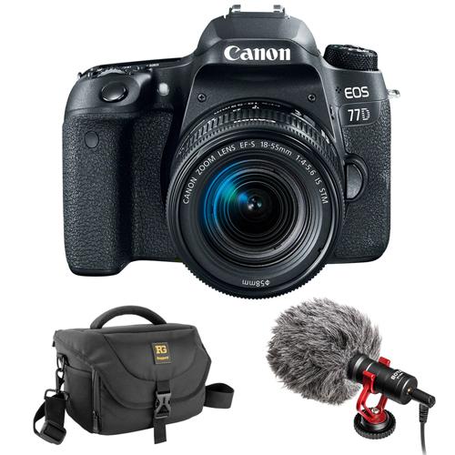 Canon EOS 77D DSLR Camera with 18-55mm Lens with Boya BY-MM1 Shotgun Video Microphone and Journey 34 DSLR Shoulder Bag (Black)