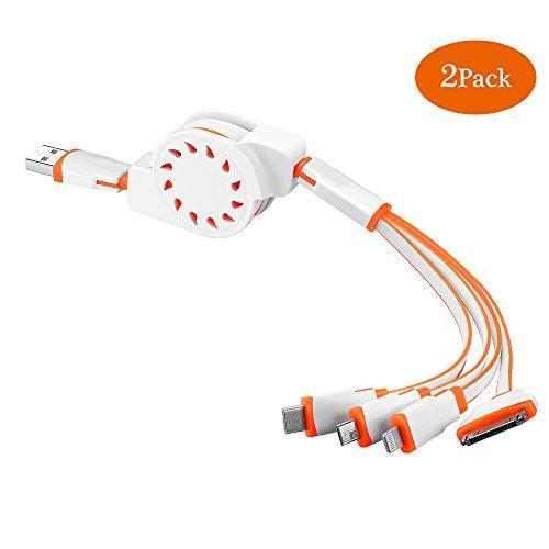 (2 Pack)Multi Charger,ANSOTT(3.3ft)Retracrable 4 in 1 Multifunctional USB Cable Adapter Connector with Type C/Micro USB/8 Pin Lighting/30 Pin for iPad, 7 Plus,Andriod,and More(Orange+White)