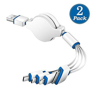(2 Pack) Multi Charger,KINGBACK Retracrable 4 in 1 Multiple USB Cable Adapter Connector with Type C/Micro USB/8 Pin Lightning/30 Pin for iPad, 7 Plus,Andriod,and More (White)
