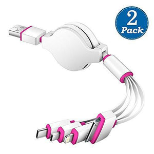 (2 Pack) Multi Charger,KINGBACK Retracrable 4 in 1 Multiple USB Cable Adapter Connector with Type C/Micro USB/8 Pin Lighting/30 Pin for iPad, 7 Plus,Andriod,and More (White/pink)