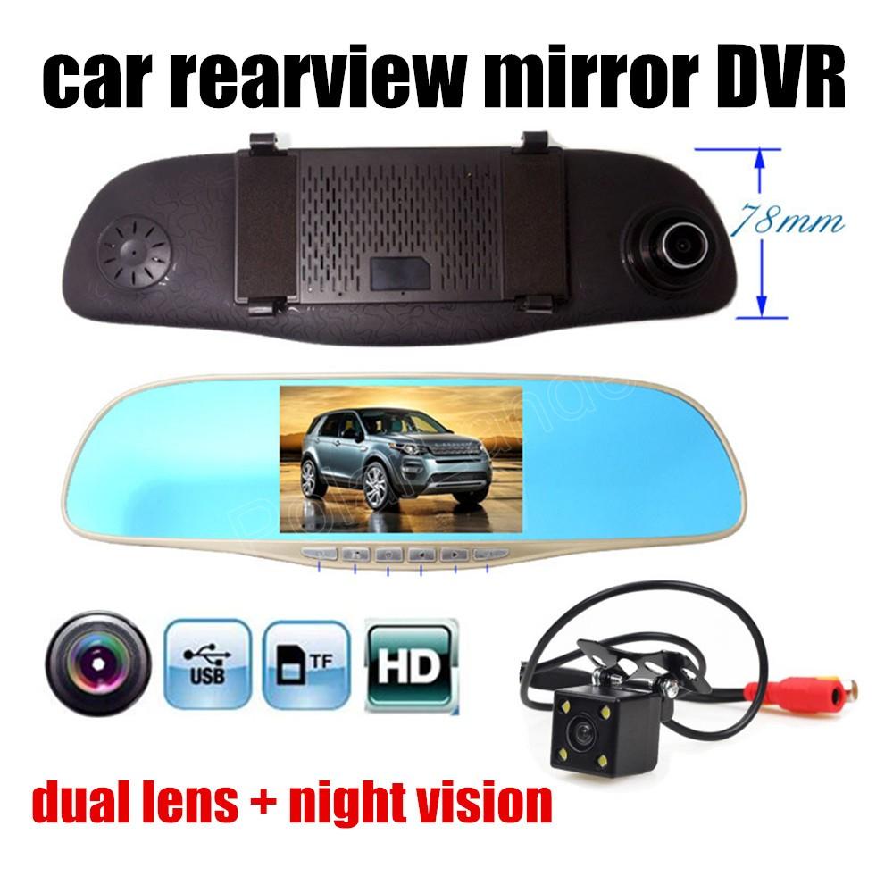 5.0 inch  Car Rearview Mirror DVR with rear Camera Night Vision Daul lens Full HD Car DVR Dual Cameras free shipping