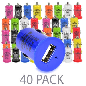 (40-Pack) ZipKord POWDC1 1.0A 5W Single Port USB Car Charger (Assorted Colors)