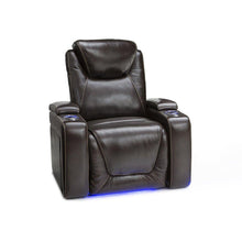 Load image into Gallery viewer, Shop here seatcraft equinox home theater seating leather power recliner adjustable power headrest adjustable powered lumbar support usb charging storage soundshaker lighted cup holders brown