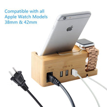 Load image into Gallery viewer, Discover the iputy charging station usb charging stand bamboo wood mobile phone holder w 3 usb ports charging dock compatible apple watch38mm 42mm iphonex 8 8plus 7 7plus se 6s 6 other smartphone