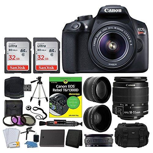 Canon EOS Rebel DSLR T6 Camera Body + Canon 18-55mm EF-S IS II Autofocus Lens + Wide Angle & 2x 58mm Lens + SanDisk 64GB Card + T6/1300D for Dummies + Vivitar Gadget Bag + Quality Tripod + Deluxe Kit