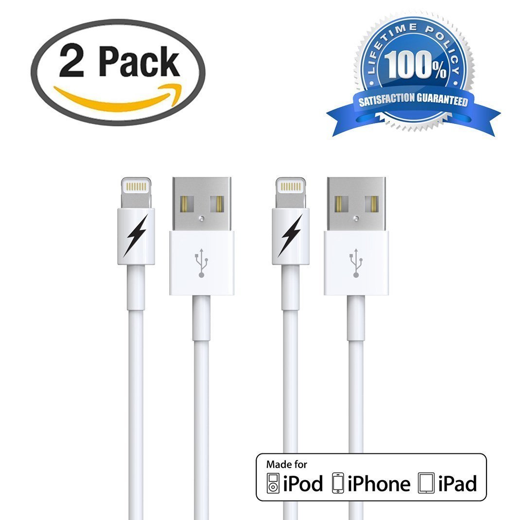 (2 Pack) Certified  5 & 6 Charging Cable Lightning Cord - Authentication Chip Ensures Fastest Charge and Sync For All Latest iPads iPods & IOS Devices (2 x 1 Meter/3.3 Feet)