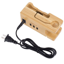 Load image into Gallery viewer, Budget friendly iputy charging station usb charging stand bamboo wood mobile phone holder w 3 usb ports charging dock compatible apple watch38mm 42mm iphonex 8 8plus 7 7plus se 6s 6 other smartphone