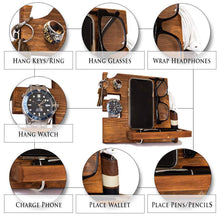 Load image into Gallery viewer, Organize with wooden docking station for men and women nightstand organizer with coaster charges phone and holds keys watch wallet glasses ring pen coins perfect gift with varnish finish by peraco