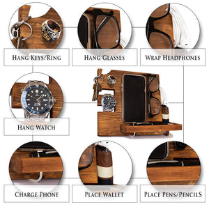 Organize with wooden docking station for men and women nightstand organizer with coaster charges phone and holds keys watch wallet glasses ring pen coins perfect gift with varnish finish by peraco