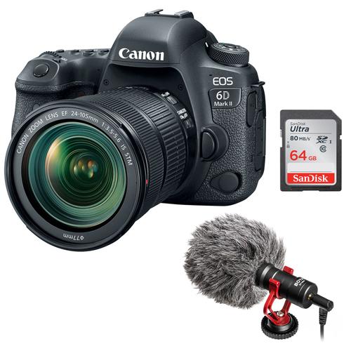 Canon EOS 6D Mark II DSLR Camera with 24-105mm f/3.5-5.6 Lens plus Boya BY-MM1 Shotgun Video Microphone and 64GB Memory Card