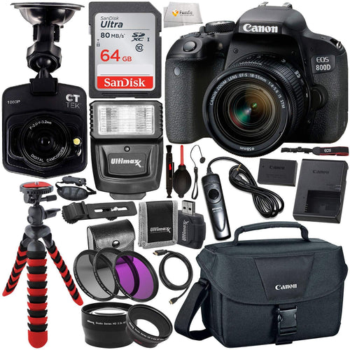 Canon EOS Rebel 800D (T7i) DSLR Camera w/ 18-55mm Lens, Free Promotional Dash Cam & Essential Accessory Bundle - Includes: SanDisk Ultra 64GB SDXC Memory Card, Slave Flash, Canon Carrying Case & More