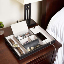 Load image into Gallery viewer, The best bedside tray organizer nightstand storage phone wallet electronics charging keys books glasses desk table dresser caddy control bedside organizers men women smartphone jewelry compartment
