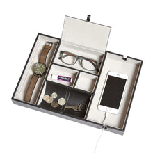 Load image into Gallery viewer, Selection bedside tray organizer nightstand storage phone wallet electronics charging keys books glasses desk table dresser caddy control bedside organizers men women smartphone jewelry compartment