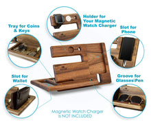 Load image into Gallery viewer, On amazon wood phone docking station walnut key holder wallet stand magnetic watch charger slot organizer men gift husband wife anniversary dad birthday nightstand tablet father graduation male travel idea