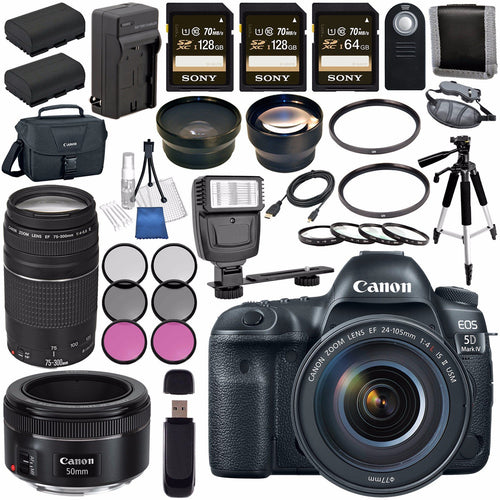 Canon EOS 5D Mark IV DSLR Camera with 24-105mm f/4L II Lens 1483C010 + Canon EF 75-300mm f/4-5.6 III Telephoto Zoom Lens + Canon EF 50mm f/1.8 STM Lens 0570C002 Bundle