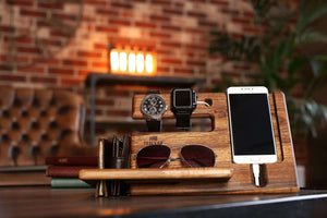 Online shopping wood phone docking station walnut key holder wallet stand magnetic watch charger slot organizer men gift husband wife anniversary dad birthday nightstand tablet father graduation male travel idea