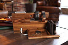 Load image into Gallery viewer, New wood phone docking station walnut key holder wallet stand magnetic watch charger slot organizer men gift husband wife anniversary dad birthday nightstand tablet father graduation male travel idea