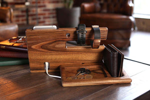 New wood phone docking station walnut key holder wallet stand magnetic watch charger slot organizer men gift husband wife anniversary dad birthday nightstand tablet father graduation male travel idea