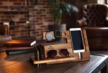 Load image into Gallery viewer, Order now wood phone docking station walnut key holder wallet stand magnetic watch charger slot organizer men gift husband wife anniversary dad birthday nightstand tablet father graduation male travel idea