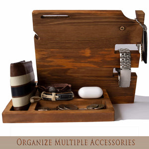 Order now wooden docking station for men and women nightstand organizer with coaster charges phone and holds keys watch wallet glasses ring pen coins perfect gift with varnish finish by peraco