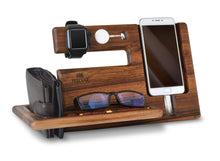 Load image into Gallery viewer, Kitchen wood phone docking station walnut key holder wallet stand magnetic watch charger slot organizer men gift husband wife anniversary dad birthday nightstand tablet father graduation male travel idea