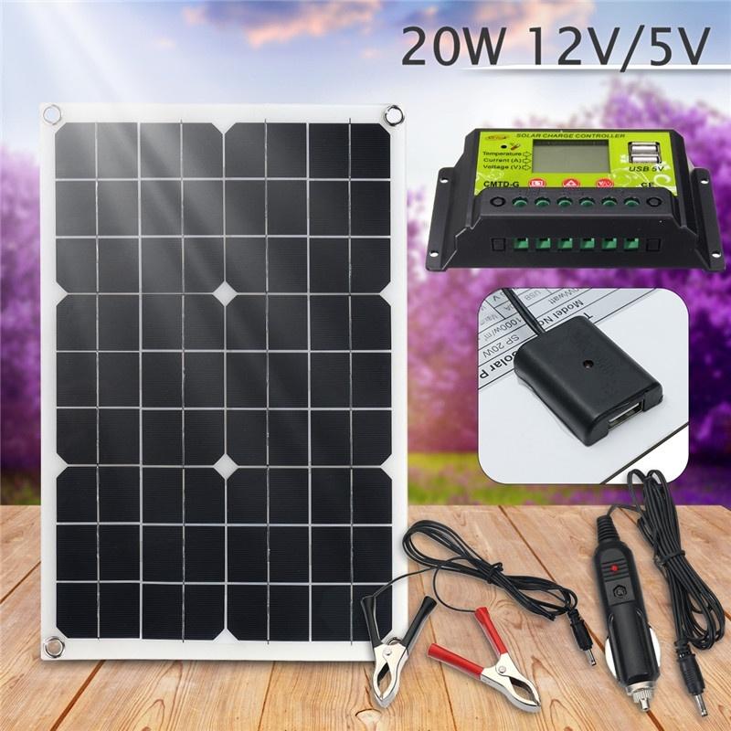 20W 12V/5V Solar Panel USB Charger For Phone Lighting RV Boat +12/24V Solar Controller LCD Graphic Symbol