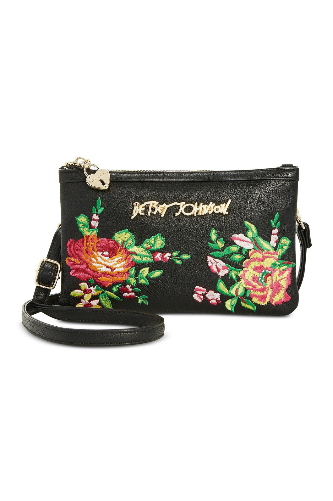 Betsey Johnson Embroidered Convertible Crossbody Phone Charger Black NWT! $58