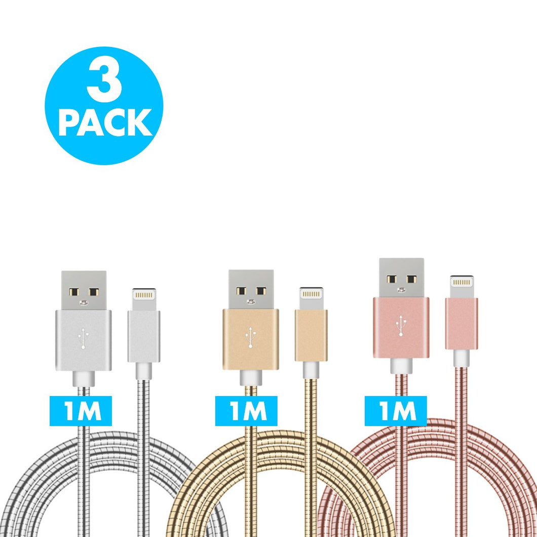 3 x Durable Flexible Stainless Steel USB Lightning 8pin iPhone Charger - Sync Fast 8Pin Charging Cable - Compatible Apple iPhone 5/6/6s/iPad/iPad Mini