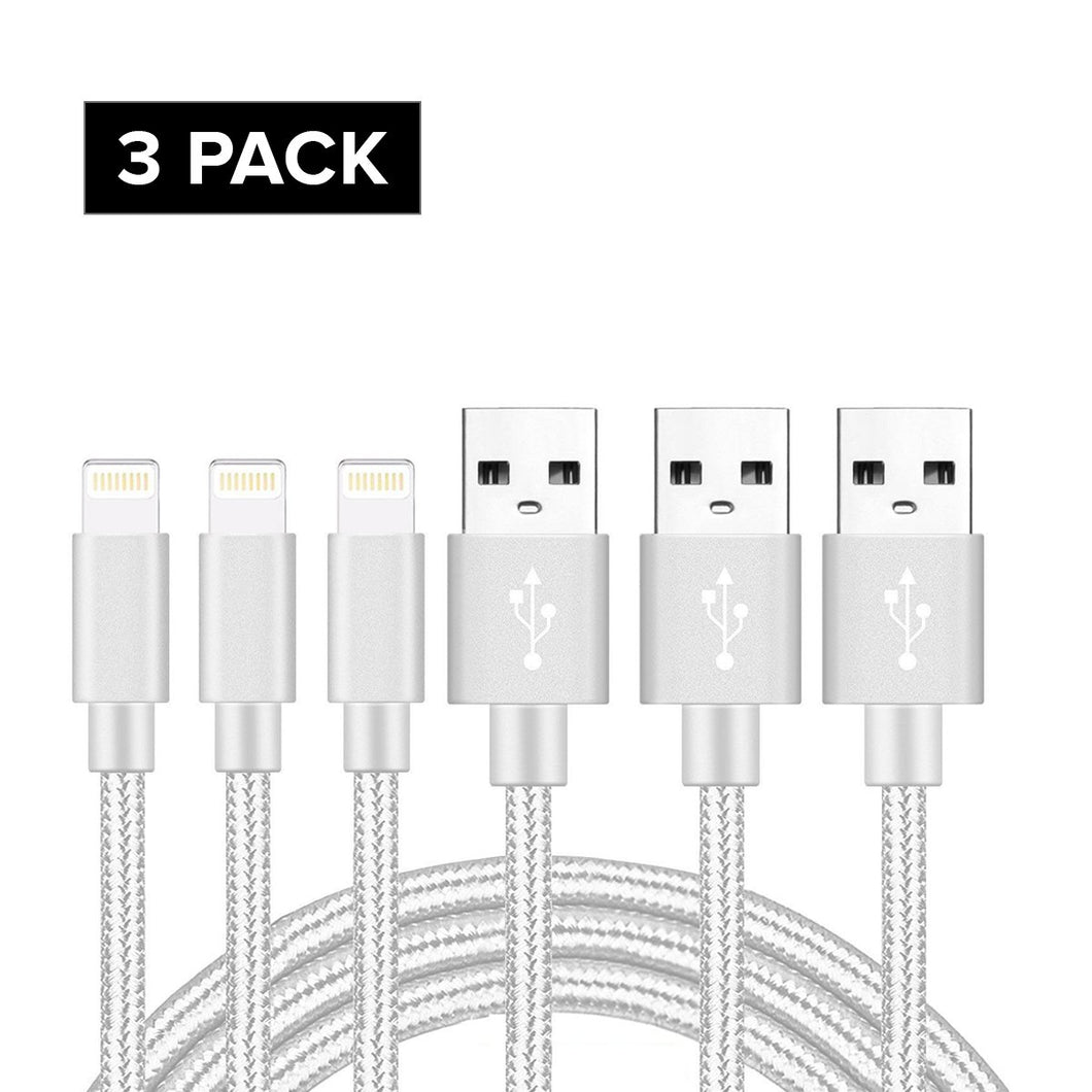3 Pack 1M Nylon Apple iPhone 5 6 6S 7 7 Plus 8 8 Plus Charger USB Data Cord Lightning Cable Silver