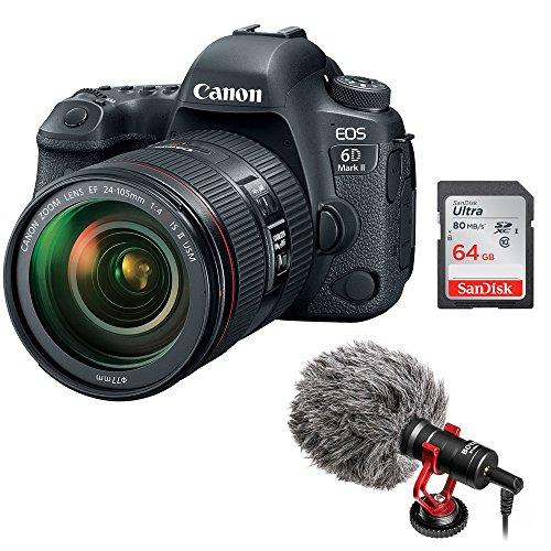 Canon EOS 6D Mark II DSLR Camera with EF 24-105mm f/4L IS II USM Lens with Boya BY-MM1 Shotgun Video Microphone and 64GB SDHC Memory Card