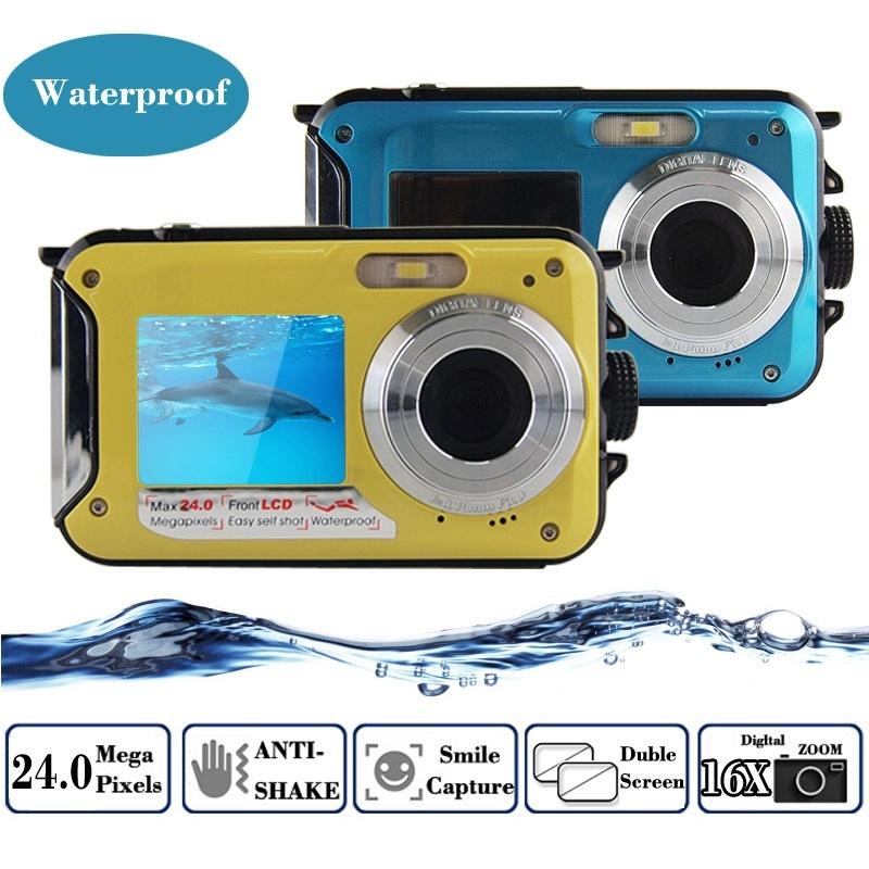24MP Double Screens Waterproof Digital Camera 2.7 inch +1.8 inch Screens HD 1080P CMOS 16x Zoom Camcorder Mini Dive Camera EU/US