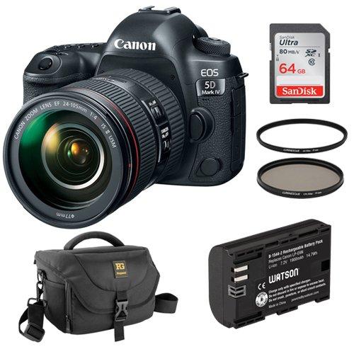 Canon EOS 5D Mark IV DSLR Camera with 24-105mm f/4L II Lens plus Extra LP-E6N Lithium-Ion Battery Pack, DSLR Shoulder Bag, SanDisk 64GB Memory Card, Circular Polarizer & UV Filter Kit