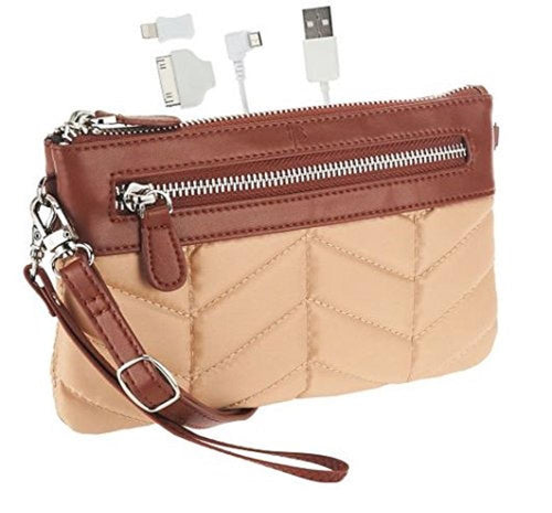 Handbag Butler Quilted Nylon 2-in-1 Bag with Cell Phone Charger, Khaki