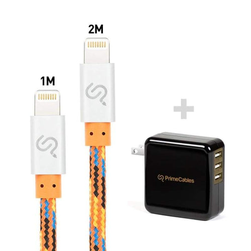 3-Port USB Charger Adapter with 1m 2m Apple Certified Nylon Braided Lightning Cable - PrimeCables®