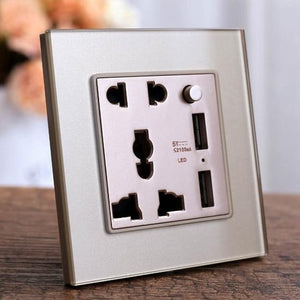 Black Crystal Glass Panel Wall Power Socket 10A Eu Uk Standard Outlet With 2A Dual Usb Charger Port