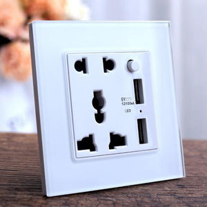 Black Crystal Glass Panel Wall Power Socket 10A Eu Uk Standard Outlet With 2A Dual Usb Charger Port