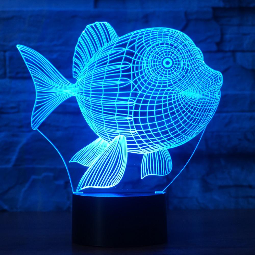 3D Illusion Night Light  LED Light 7 Color with Touch Switch USB Cable Nice Gift Home Office Decorations，Fish-4