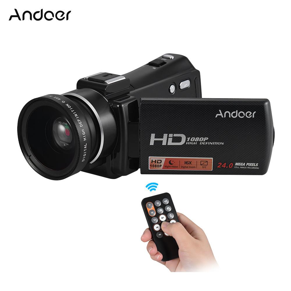 Andoer HDV-V7 PLUS 1080P Full HD 24MP Portable Digital Video Camera Camcorder Remote Control Infrared Night Vision Recorder + 0.45X Wide Angle Lens 16X Zoom 3.0
