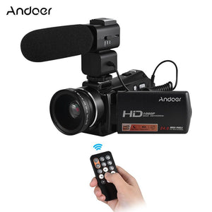 Andoer HDV-V7 PLUS 1080P Full HD 24MP Portable Digital Video Camera Camcorder Remote Control Infrared Night Vision Recorder 16X Zoom 3.0" Rotary LCD + External Microphone + 0.45X Wide Angle Lens