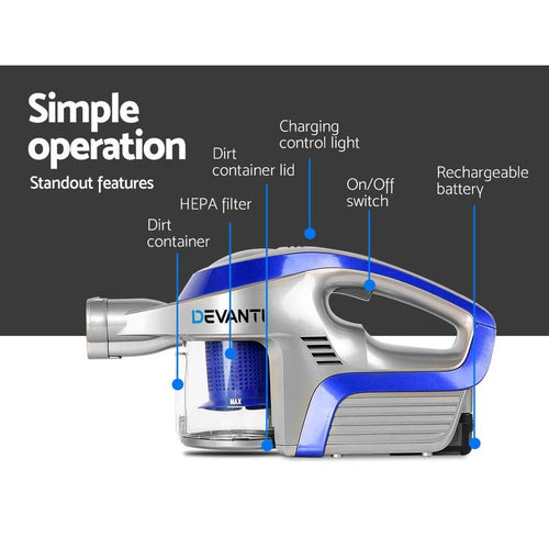 Devanti Cordless 150W Handstick Vacuum Cleaner - Grey And Blue